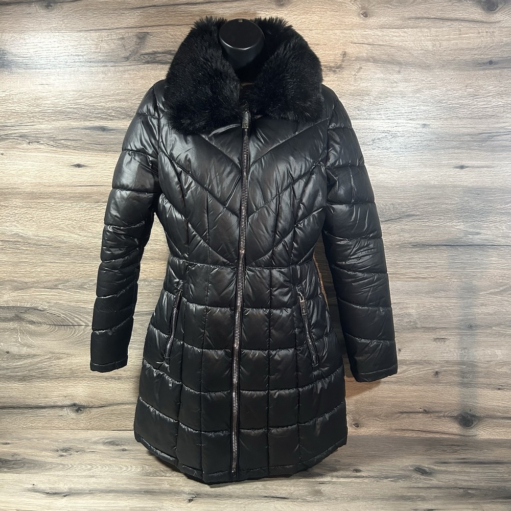 Kenneth Cole Women Silvery Mauve Black Puffer Jacket Hood Quilted Small Overcoat